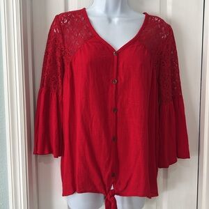 Womens Detail Red 3/4 Bell Sleeve Button Down tie front Top by Knox Rose